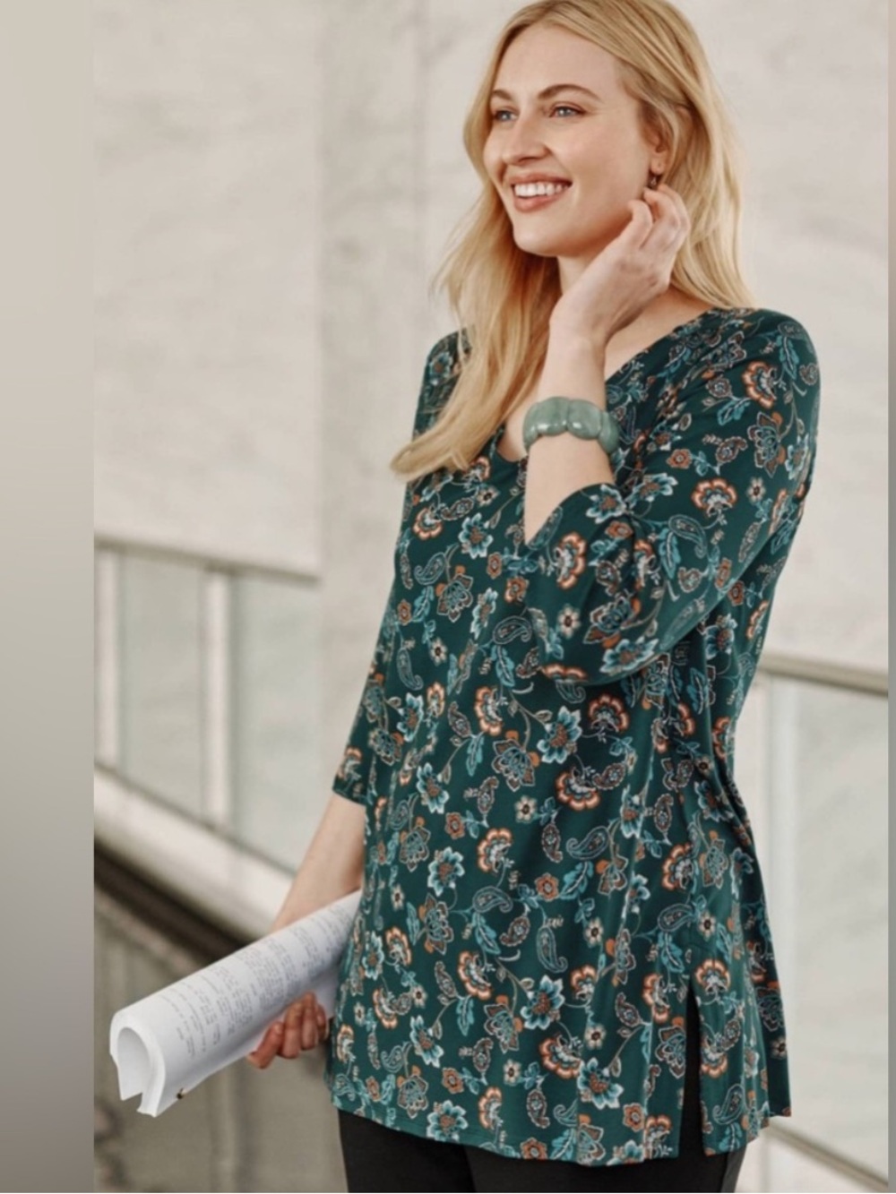 J.Jill Wearever Collection Floral Tunic Top Small Green Stretch